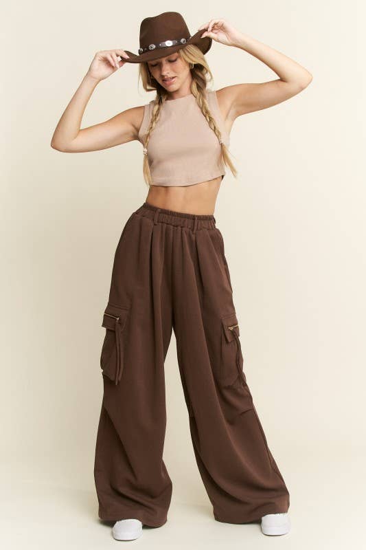 PLUS SIZE SOLID WIDE LEG CARGO PANTS