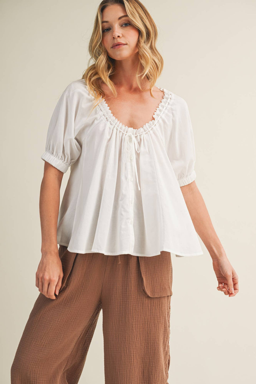 EYELET TRIM NECK PUFF SLEEVE TOP