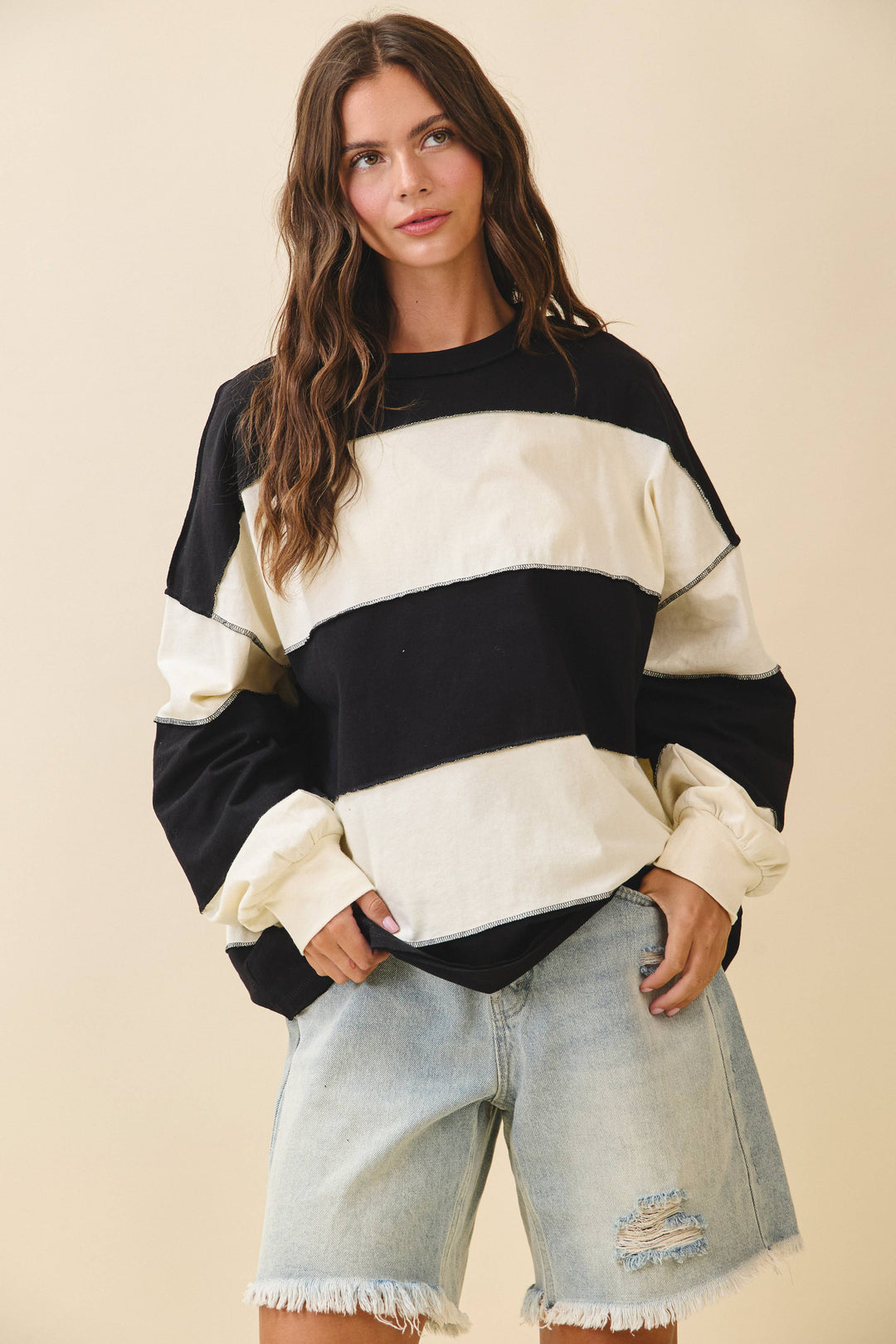 8551GN Contrast Panel Long Sleeve Slouchy Top