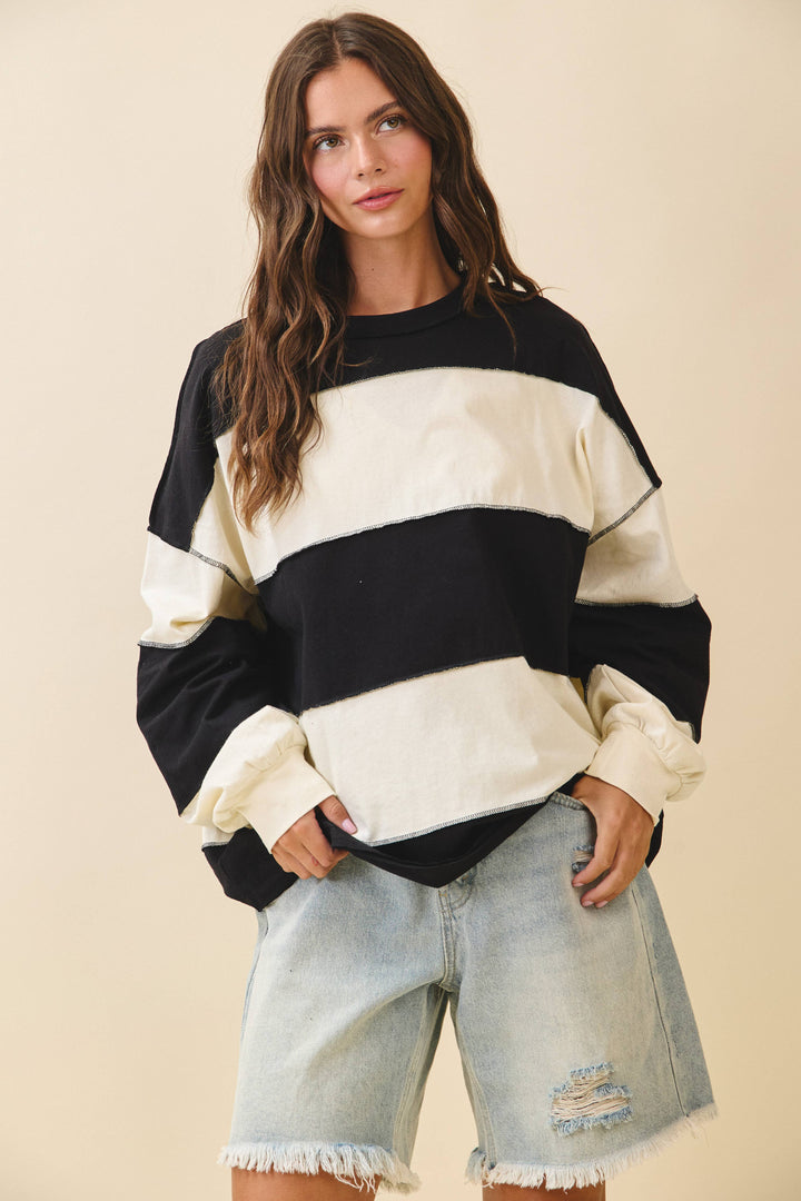 8551GN Contrast Panel Long Sleeve Slouchy Top