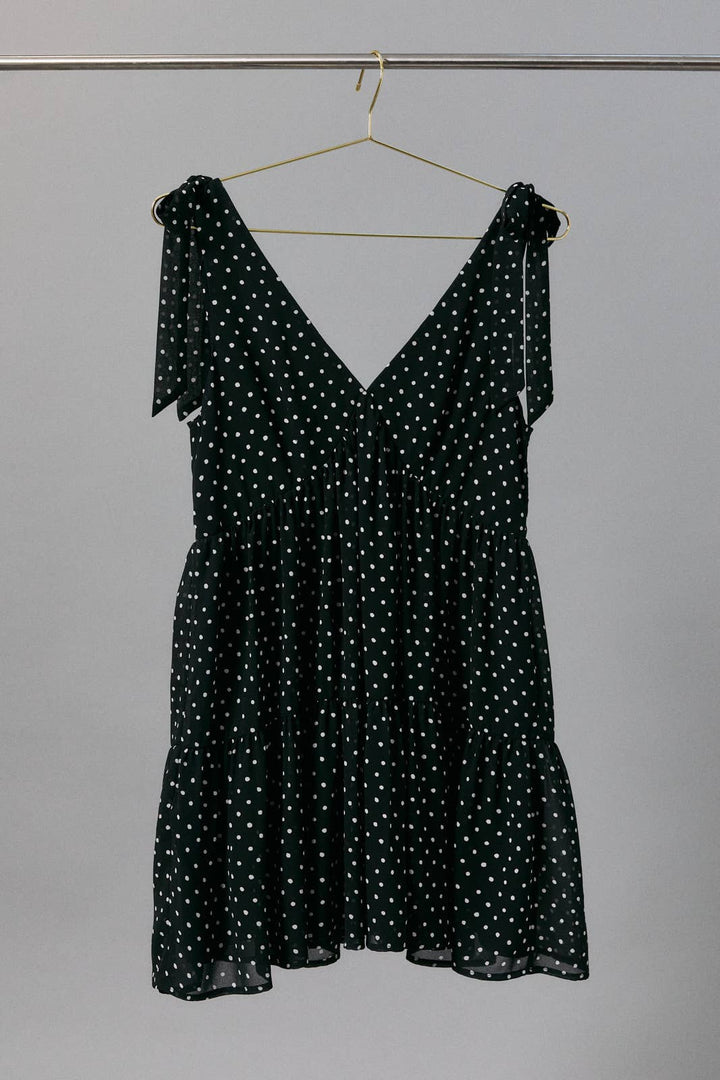 SLEEVELESS TIE SHOULDER STRAP TIERED POLKA DOT MINI DRESS