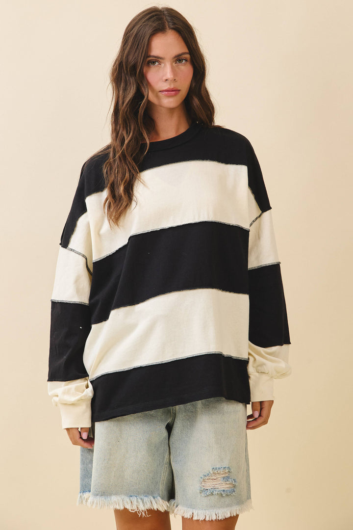 8551GN Contrast Panel Long Sleeve Slouchy Top