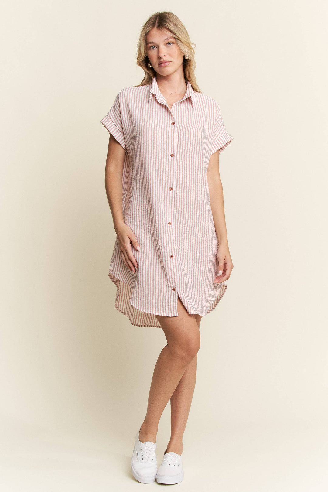 PLUS SIZE STRIPED PASTEL BUTTON DOWN MINI DRESS