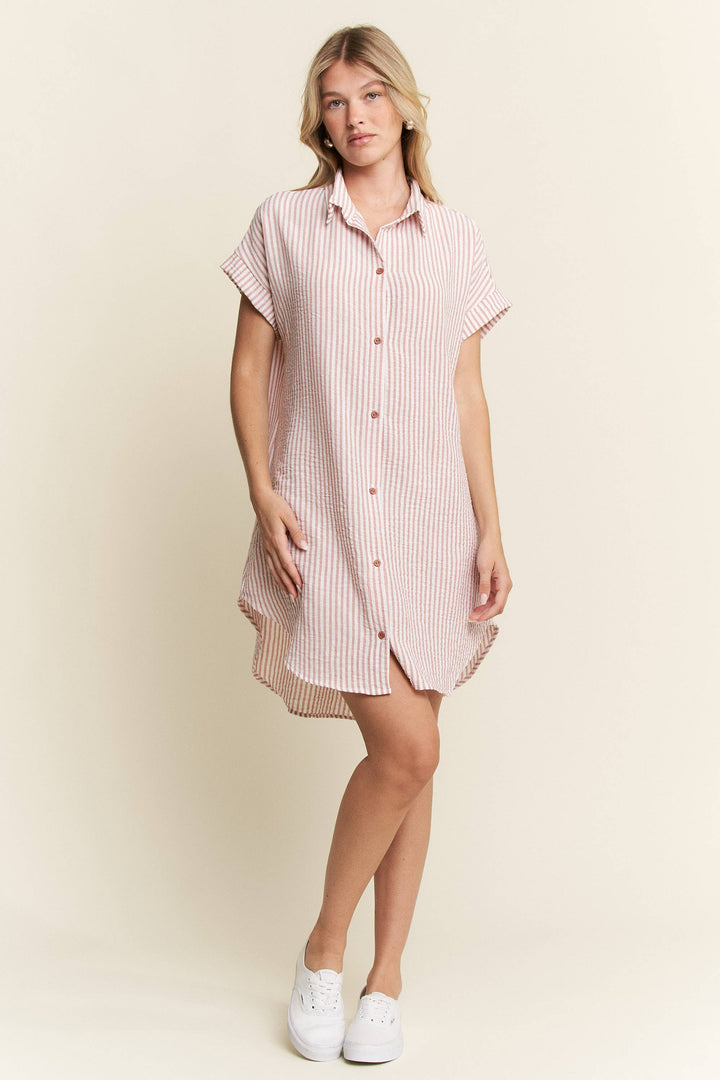 PLUS SIZE STRIPED PASTEL BUTTON DOWN MINI DRESS