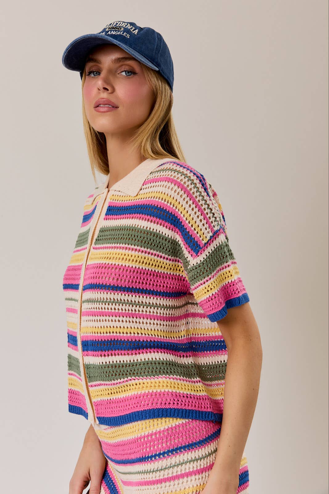 COLLARED NECK STRIPE CROCHET BUTTON DOWN TOP