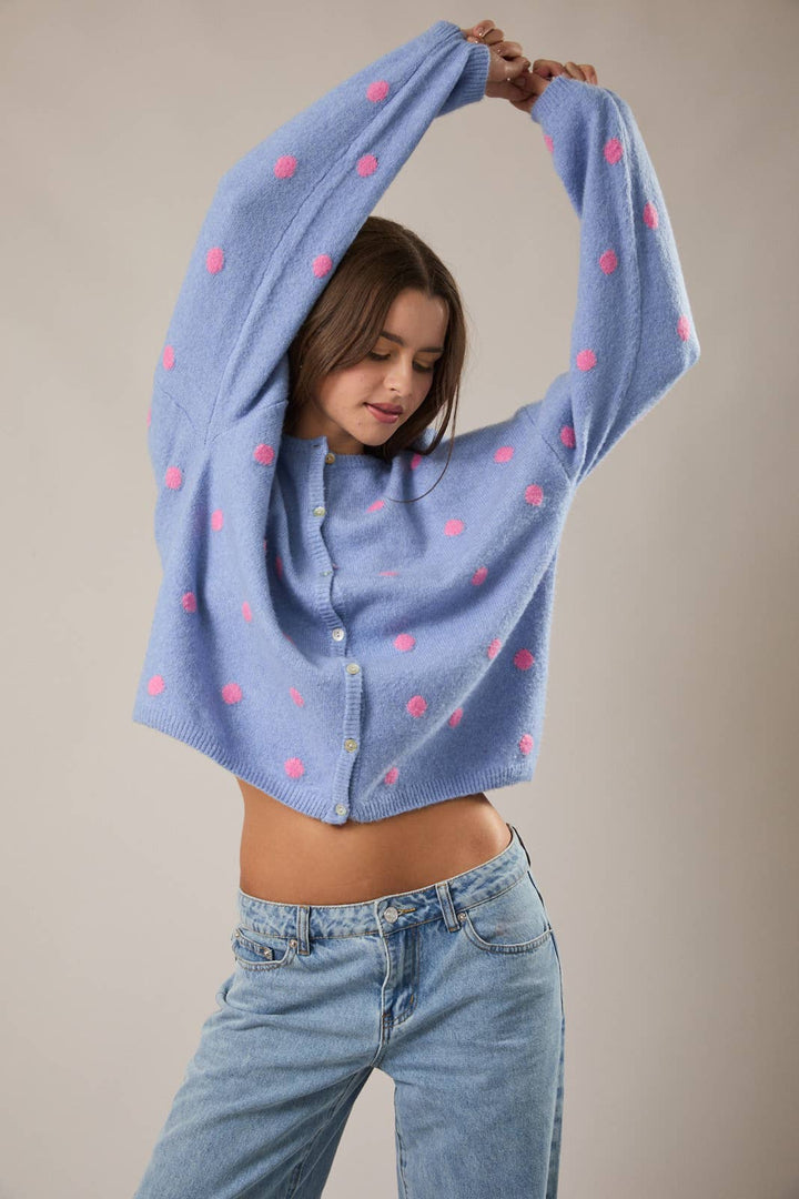LONG SLEEVE CREW NECK POLKA DOT SWEATER CARDIGAN