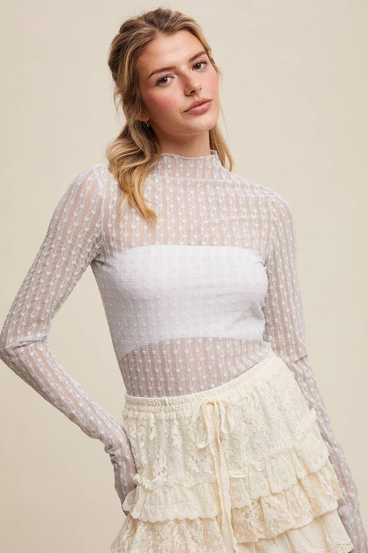 Semi Sheer Textured Lace Long-Sleeve Layering Top LT1424
