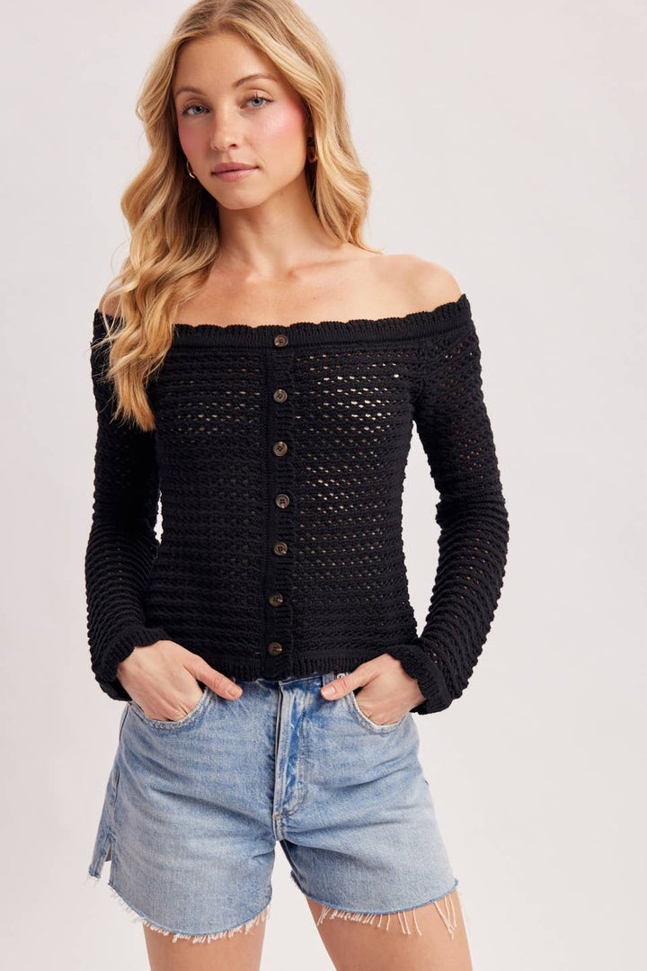 OPEN KNIT SCALLOPED TRIM OFF THE SHOULDER SWEATER TOP