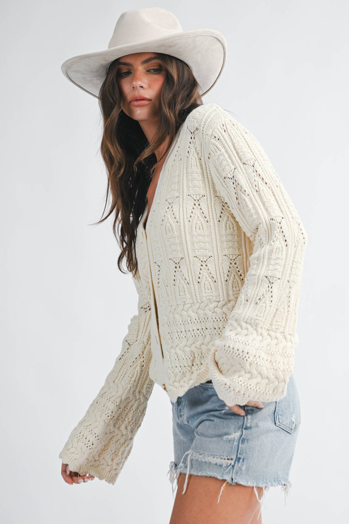 5201HK Textured Pointelle Button Front Cardigan Top