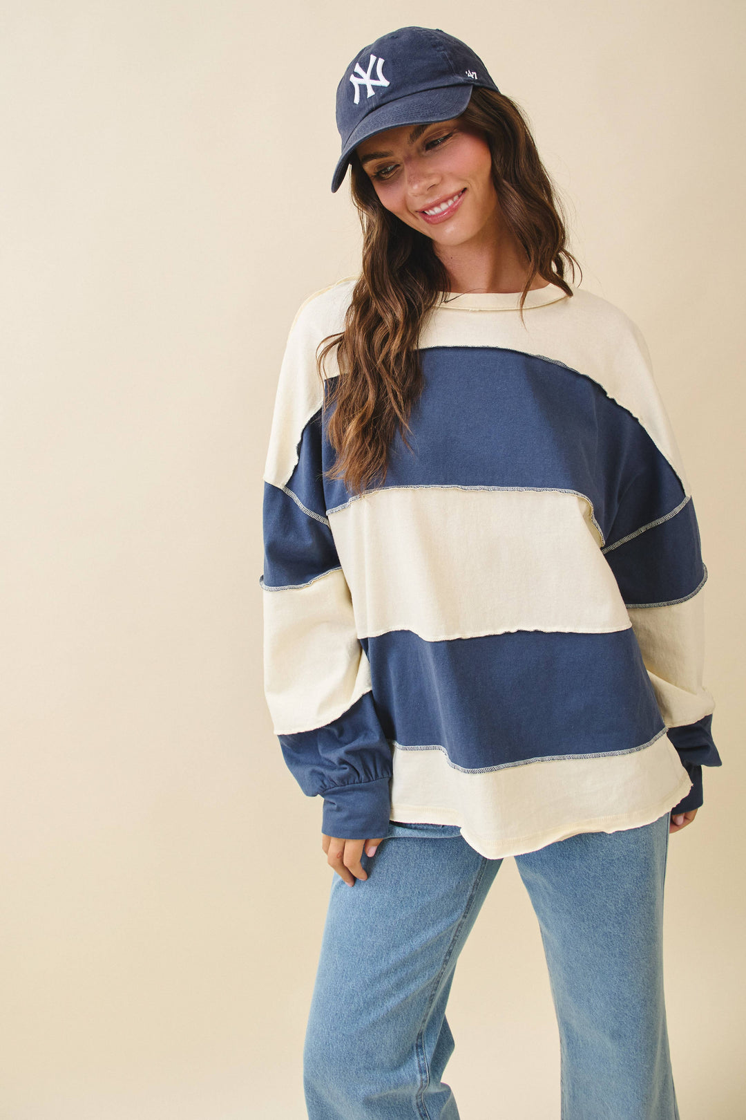8551GN Contrast Panel Long Sleeve Slouchy Top