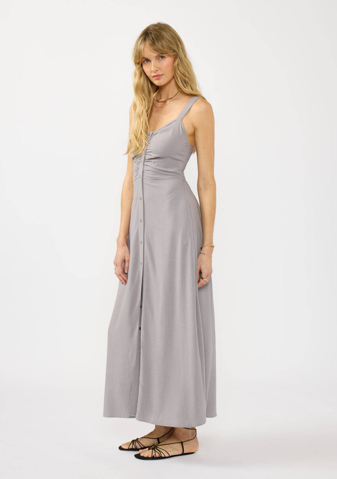 V-Neck Ruched Button Down Maxi Dress