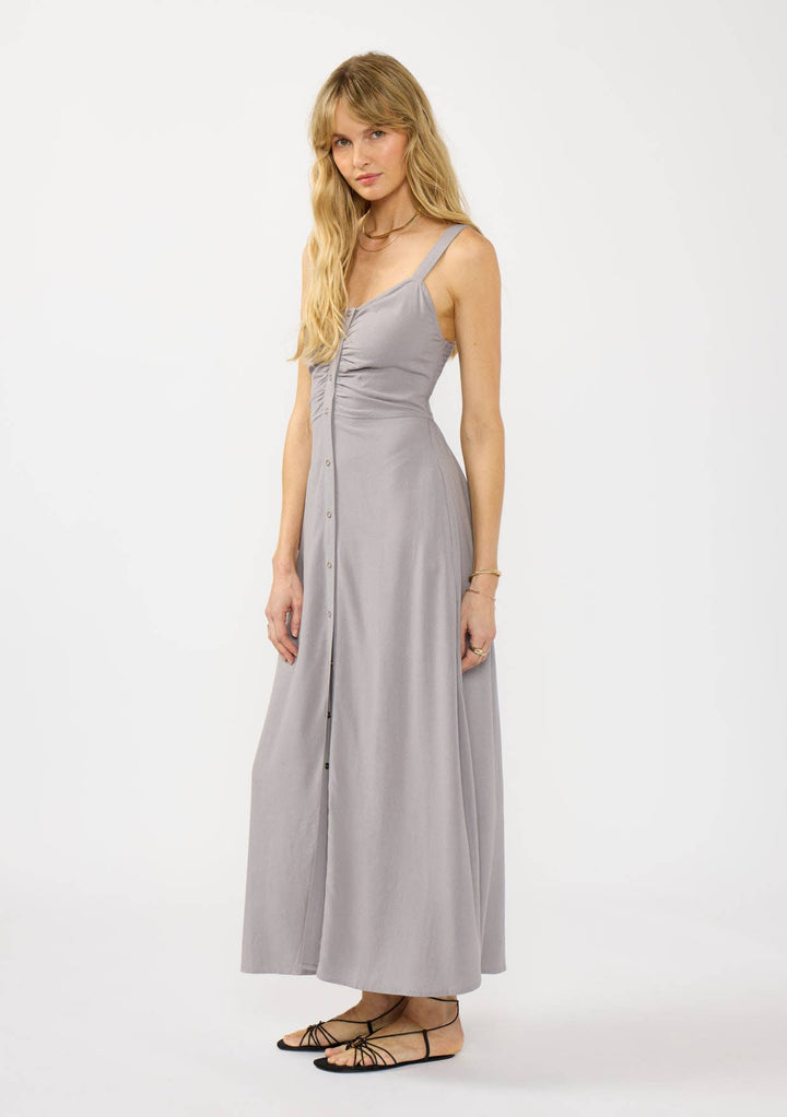 V-Neck Ruched Button Down Maxi Dress