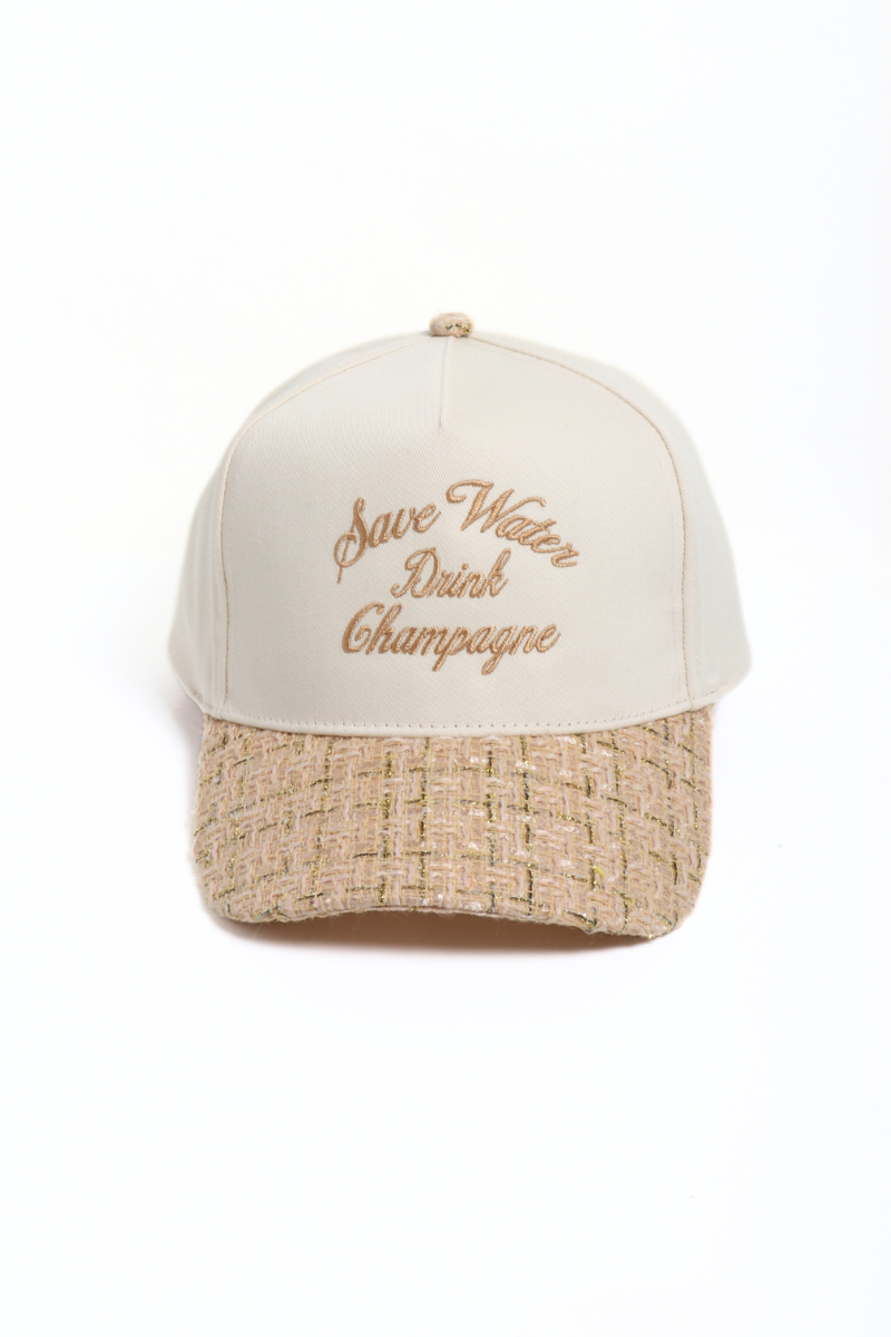 SAVE WATER DRINK CHAMPAGNE embroidered tweed brim cap