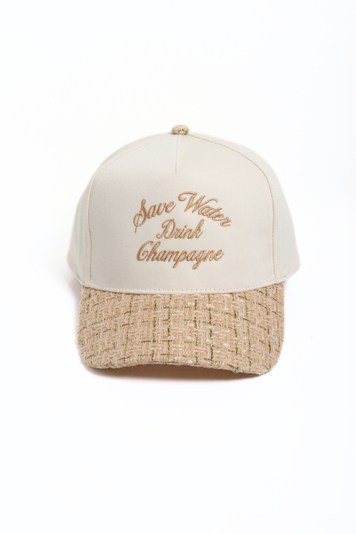 SAVE WATER DRINK CHAMPAGNE embroidered tweed brim cap