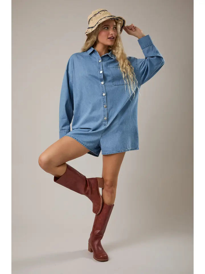 Lightweight Denim Romper | Long Sleeve Button-Front Utility Romper