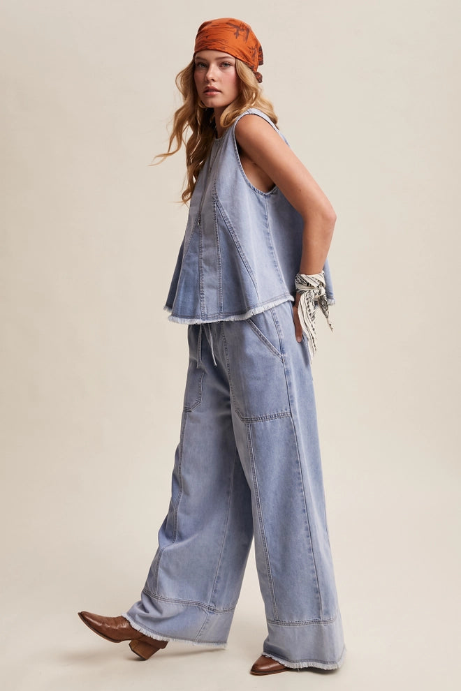 Washed Denim Tank & Wide-Leg Pants Set | Boho Western Denim Two-Piece