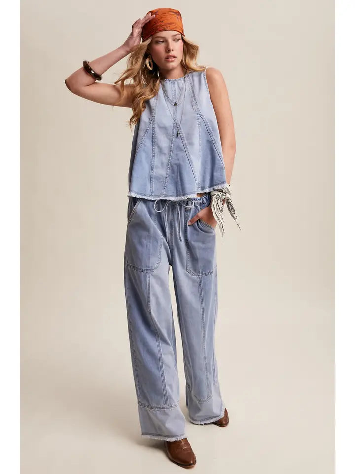Washed Denim Tank & Wide-Leg Pants Set | Boho Western Denim Two-Piece