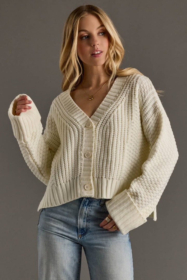 Ivory Knit Cropped Button Up Cardigan