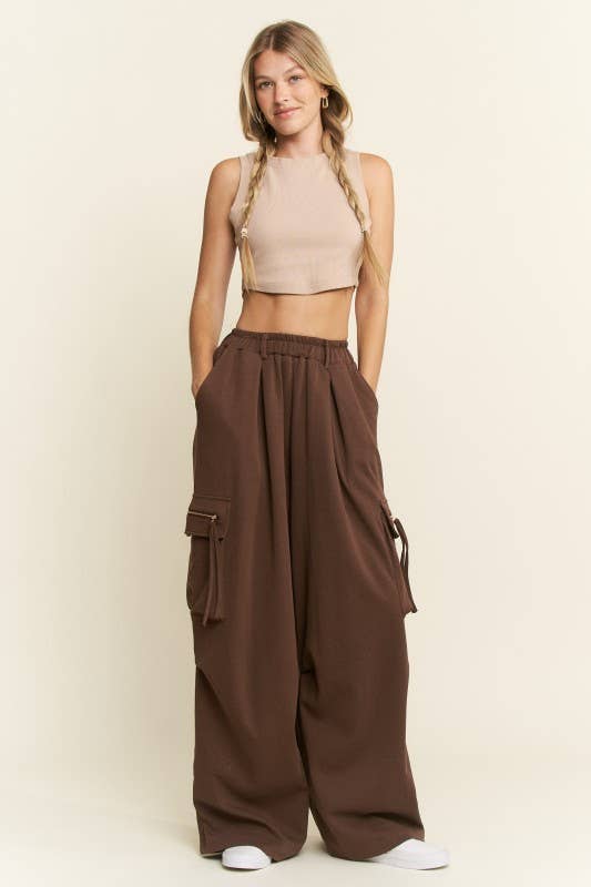 PLUS SIZE SOLID WIDE LEG CARGO PANTS
