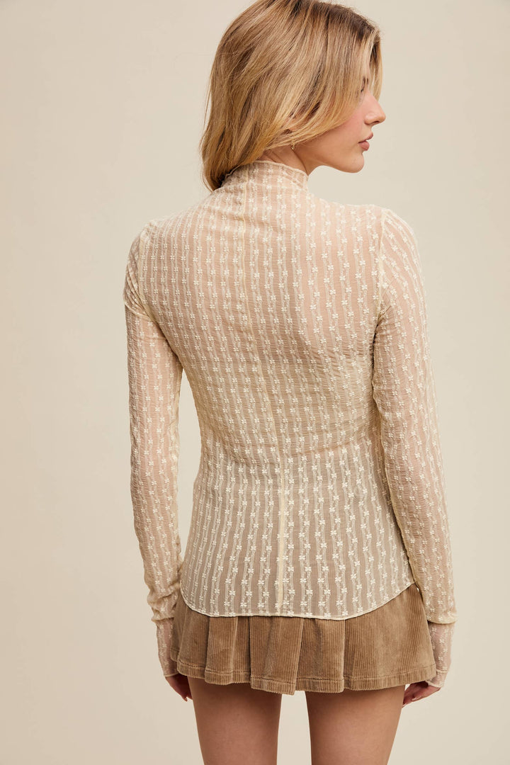 Semi Sheer Textured Lace Long-Sleeve Layering Top LT1424