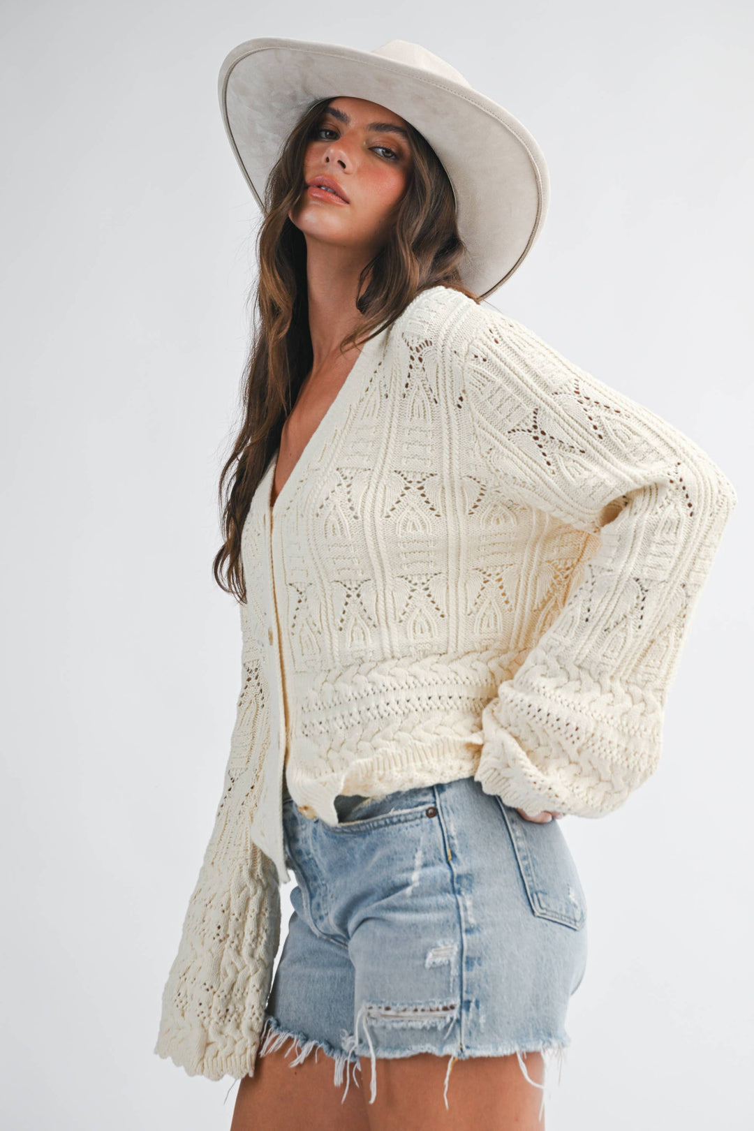 5201HK Textured Pointelle Button Front Cardigan Top