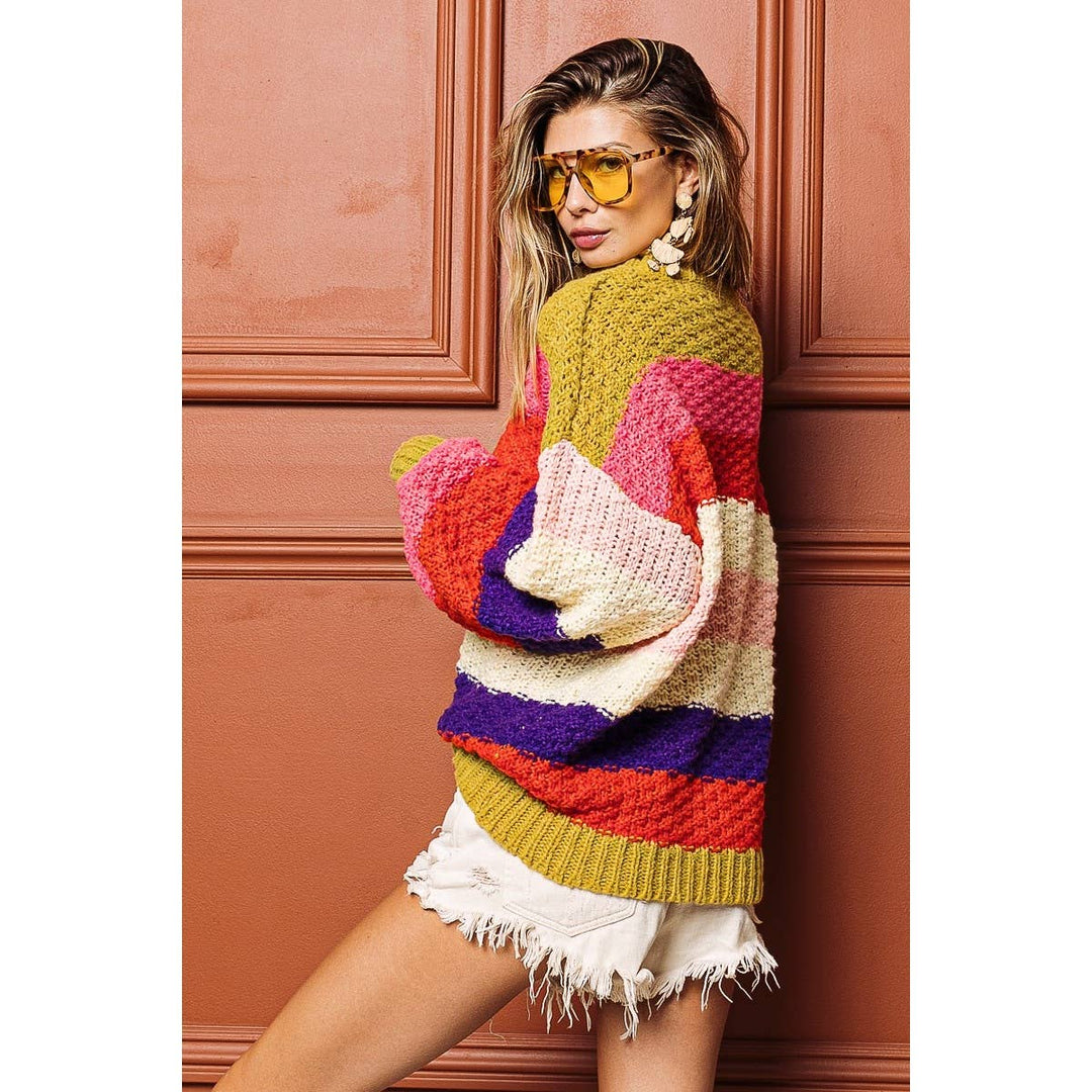 STRIPES COLOR BLOCK CHUNKY SWEATER PULLOVER