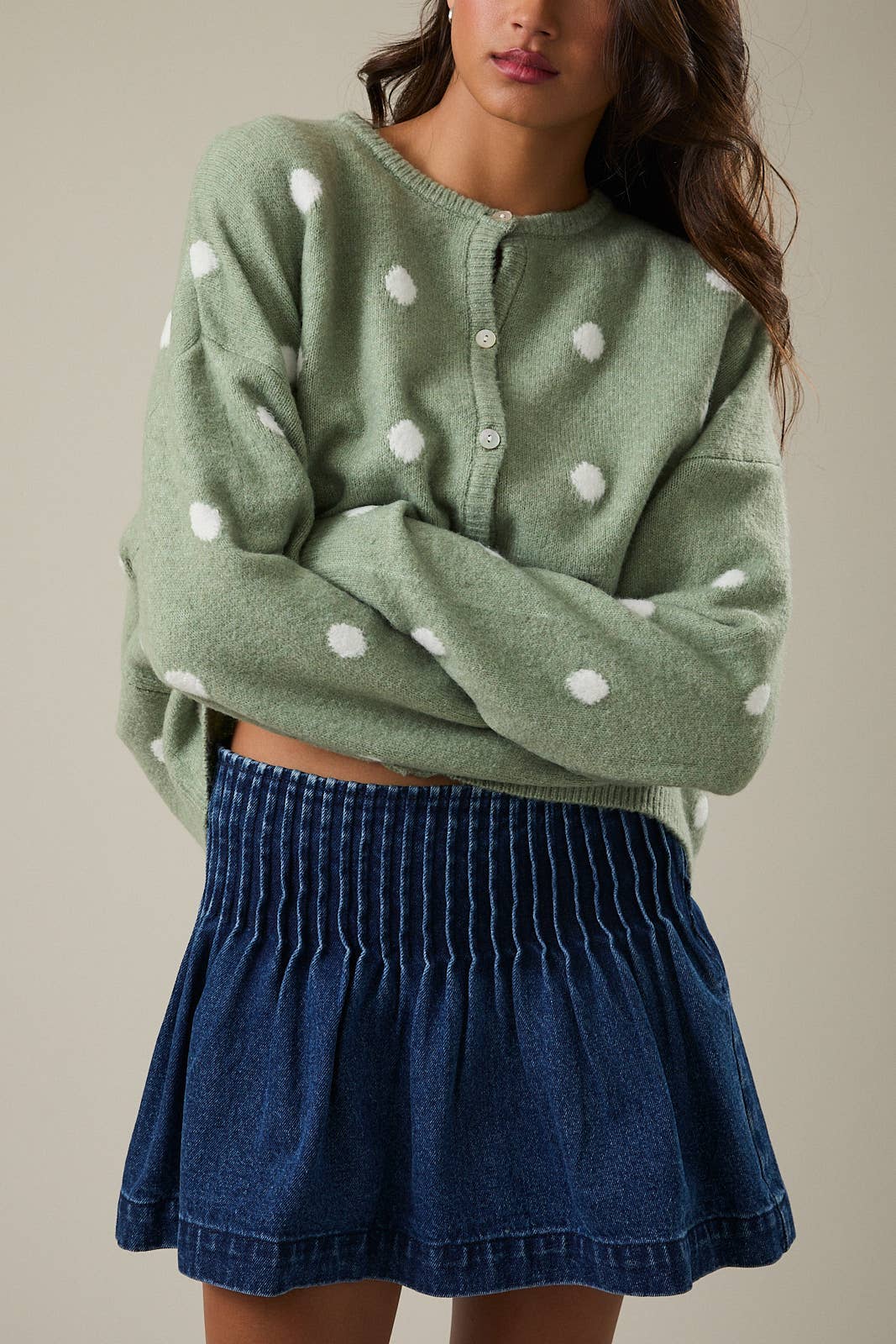 LONG SLEEVE CREW NECK POLKA DOT SWEATER CARDIGAN