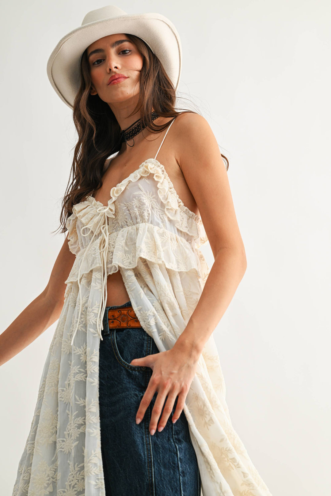 CJT27085 Sheer Floral Lace Ruffle Cover Up Top