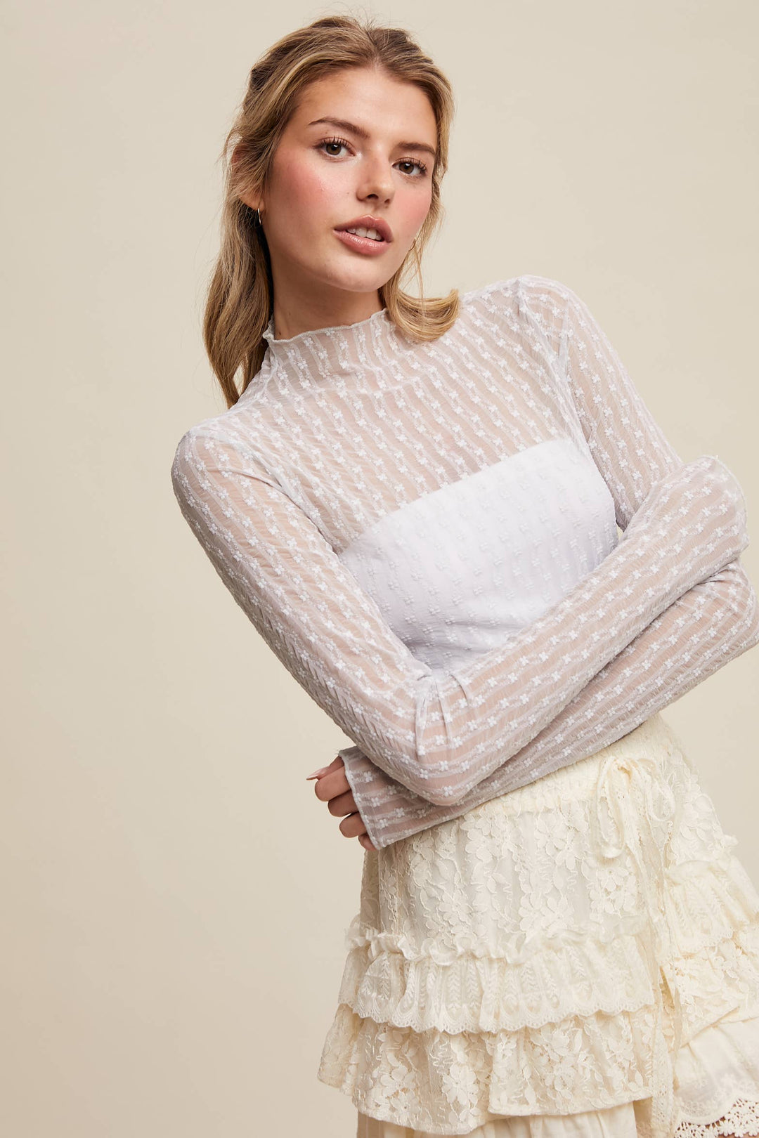 Semi Sheer Textured Lace Long-Sleeve Layering Top LT1424