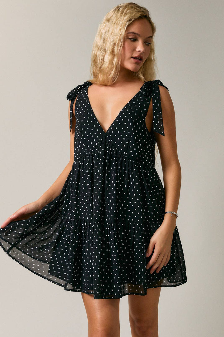 SLEEVELESS TIE SHOULDER STRAP TIERED POLKA DOT MINI DRESS