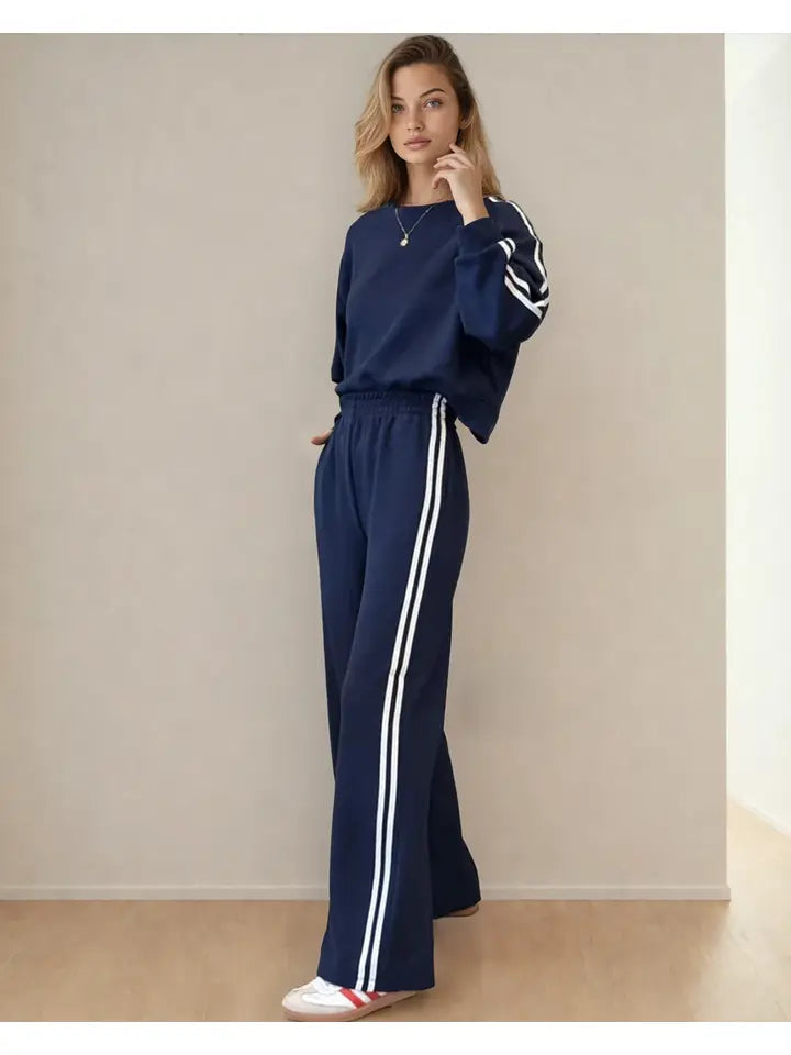 Blue Varsity Athleisure Set | Pullover Sweater & Wide-Leg Pants Matching Set