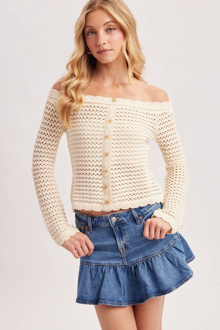 OPEN KNIT SCALLOPED TRIM OFF THE SHOULDER SWEATER TOP