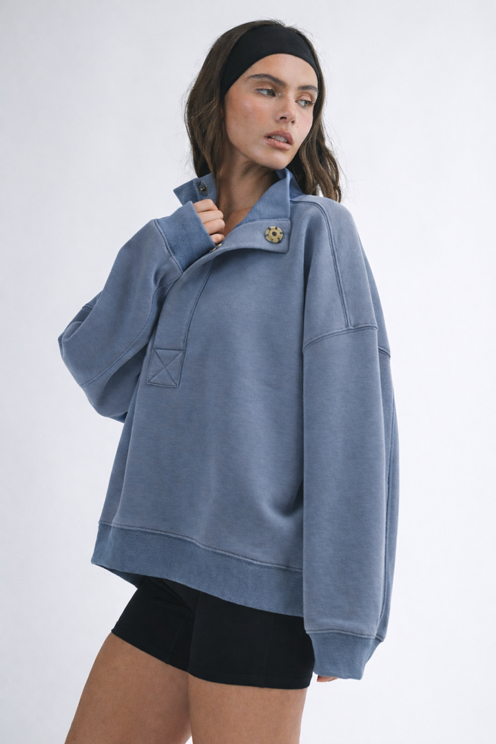 Oversized Snap Neck Pullover Sweatshirt