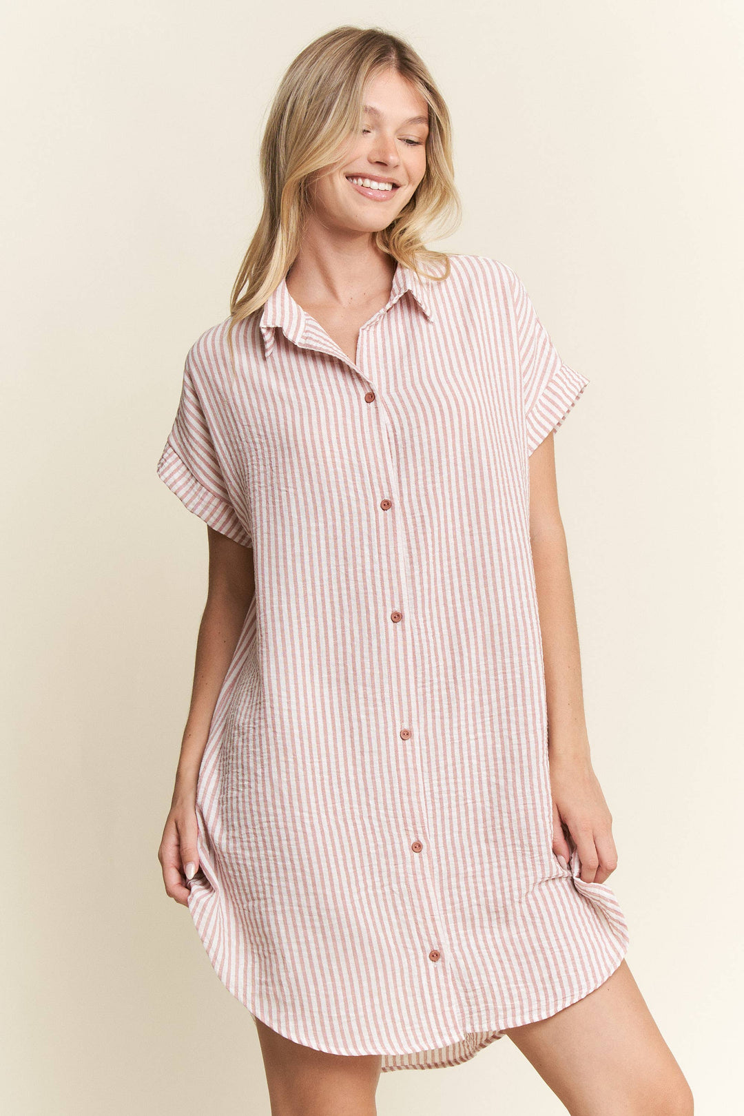 PLUS SIZE STRIPED PASTEL BUTTON DOWN MINI DRESS