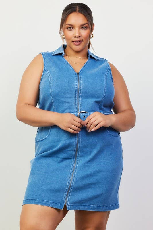Plus Size Washed Denim Zipper Dress