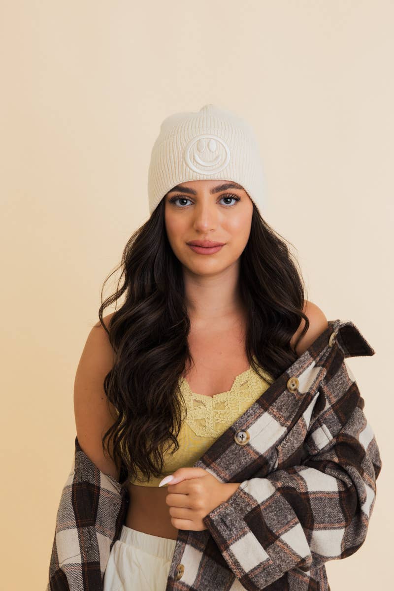 Happy Face Embroidered Ribbed Knit Beanie