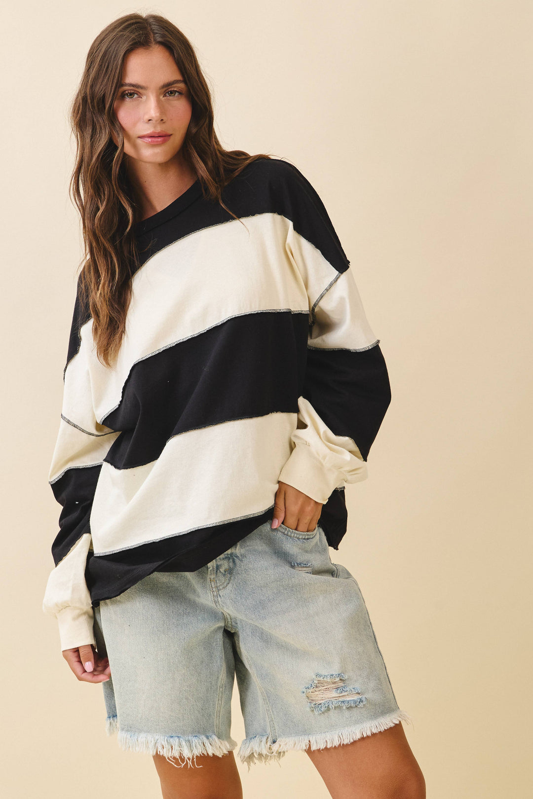 8551GN Contrast Panel Long Sleeve Slouchy Top