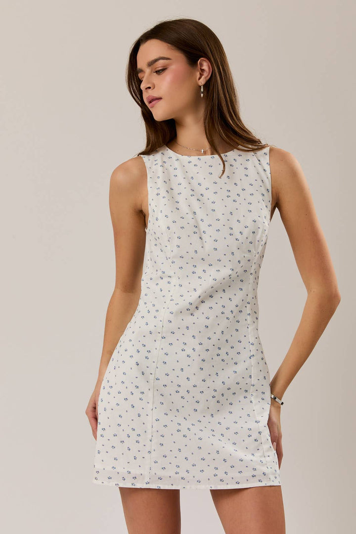 SLEEVELESS HIGH NECK DITSY PRINT MINI DRESS