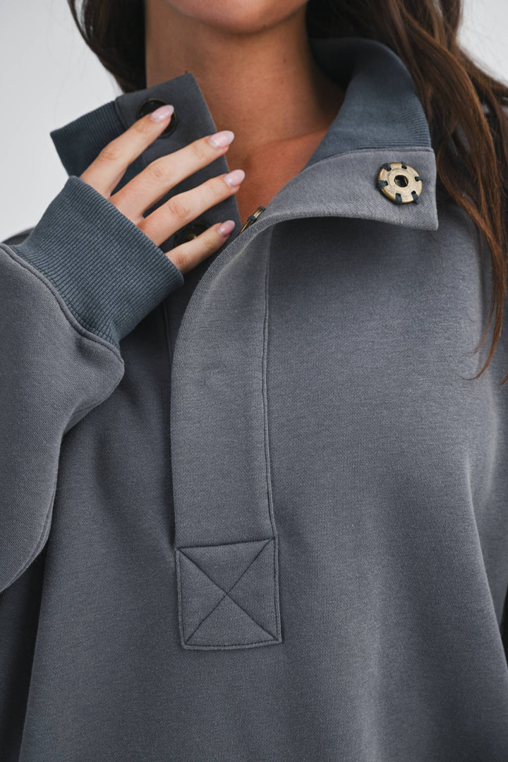 Oversized Snap Neck Pullover Sweatshirt