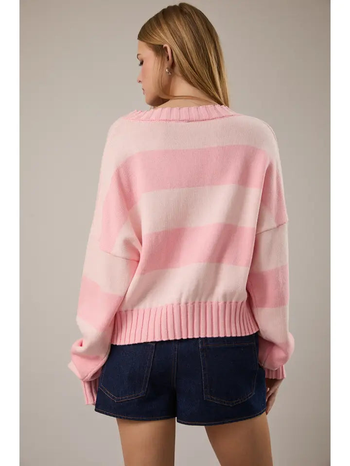 Long Sleeve V-Neck Stripe Crop Sweater