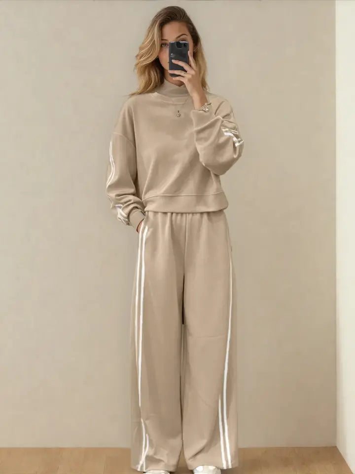 Oatmeal Varsity Athleisure Set | Pullover Sweater & Wide-Leg Pants Matching Set
