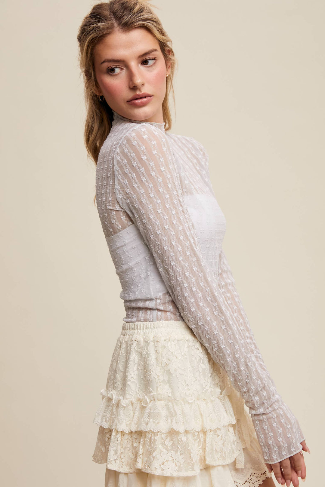 Semi Sheer Textured Lace Long-Sleeve Layering Top LT1424
