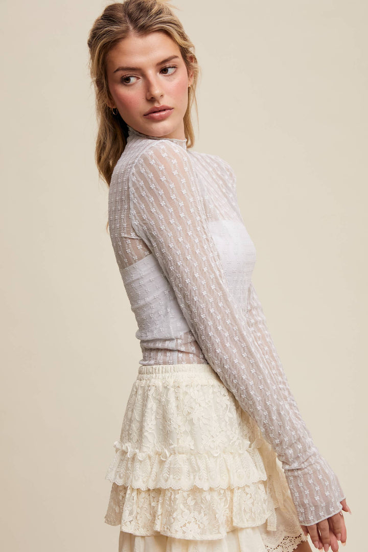 Semi Sheer Textured Lace Long-Sleeve Layering Top LT1424