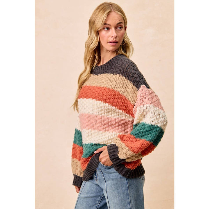 STRIPES COLOR BLOCK CHUNKY SWEATER PULLOVER