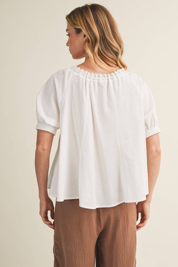 EYELET TRIM NECK PUFF SLEEVE TOP