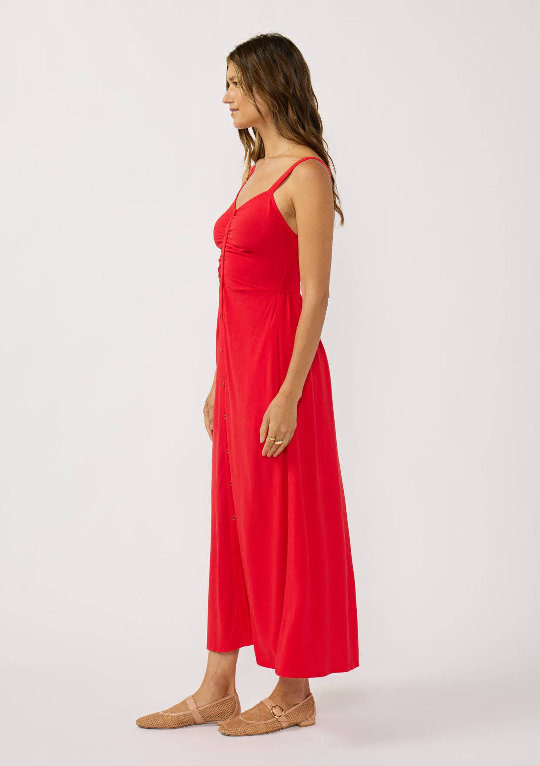 V-Neck Ruched Button Down Maxi Dress