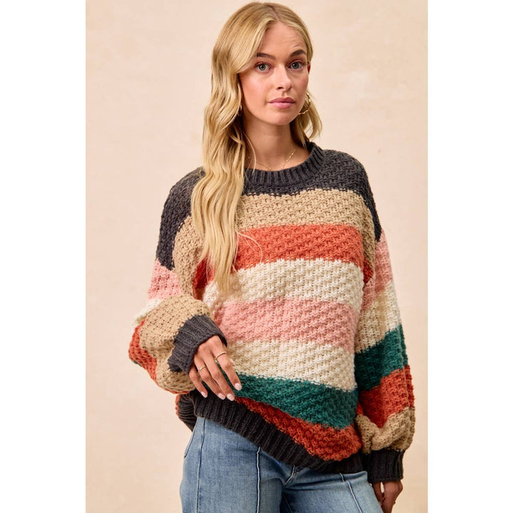 STRIPES COLOR BLOCK CHUNKY SWEATER PULLOVER