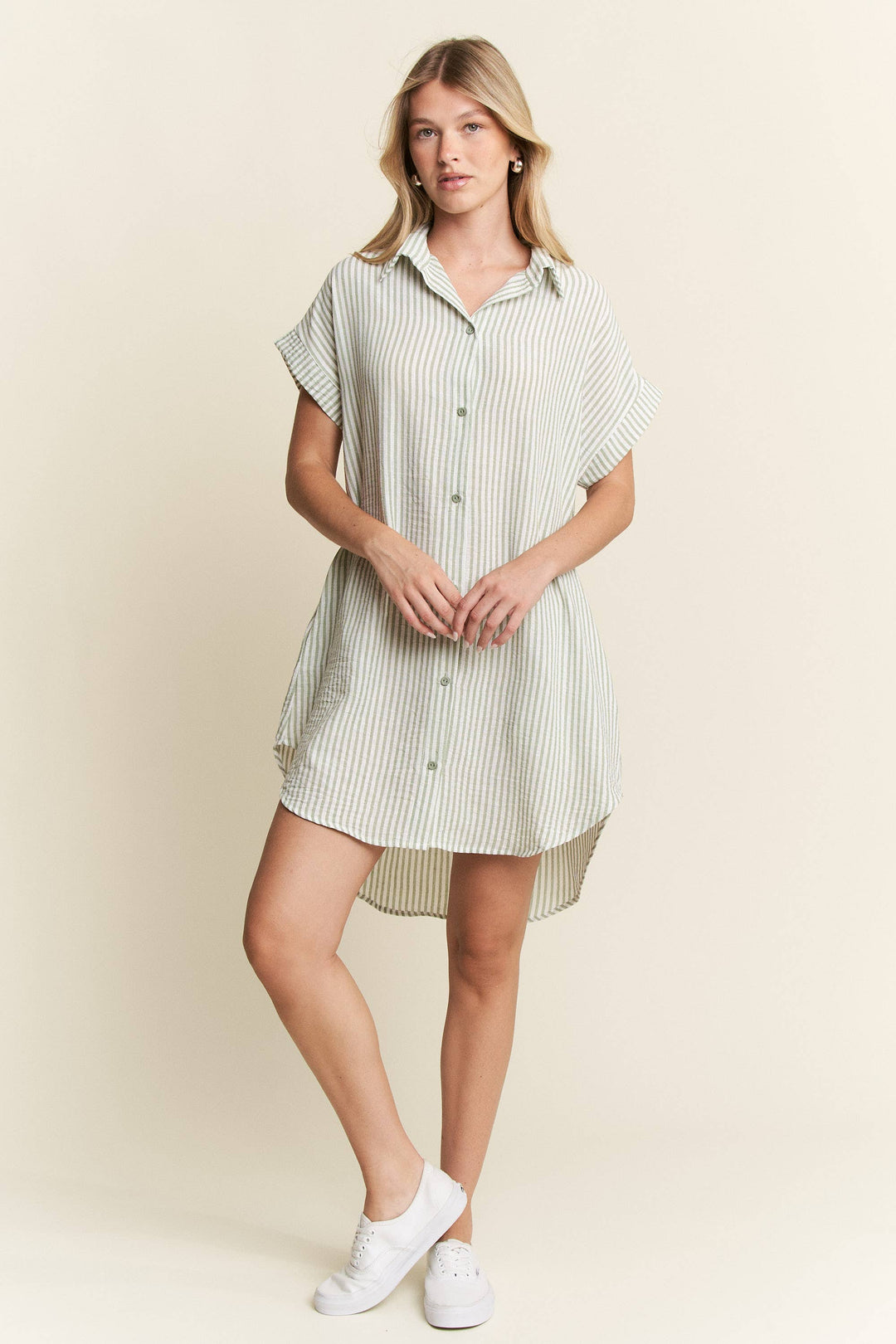 PLUS SIZE STRIPED PASTEL BUTTON DOWN MINI DRESS