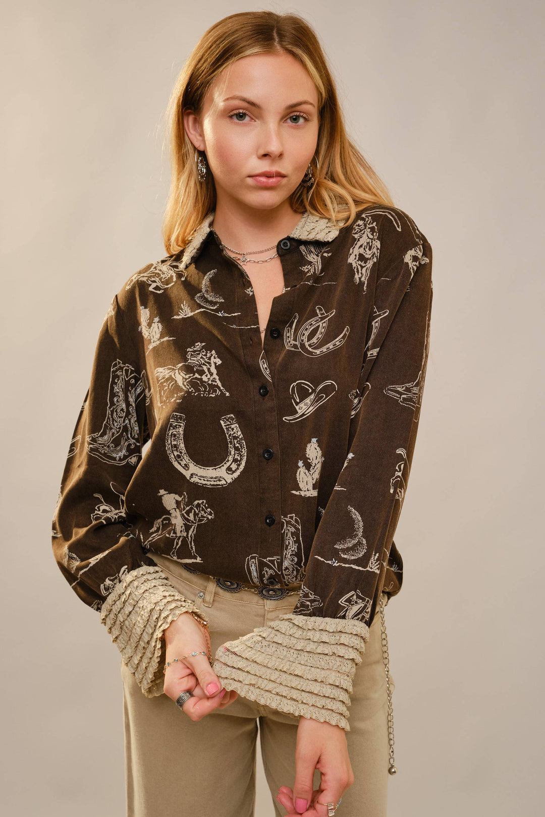 Western Printed Ruffle Cuff Shirt