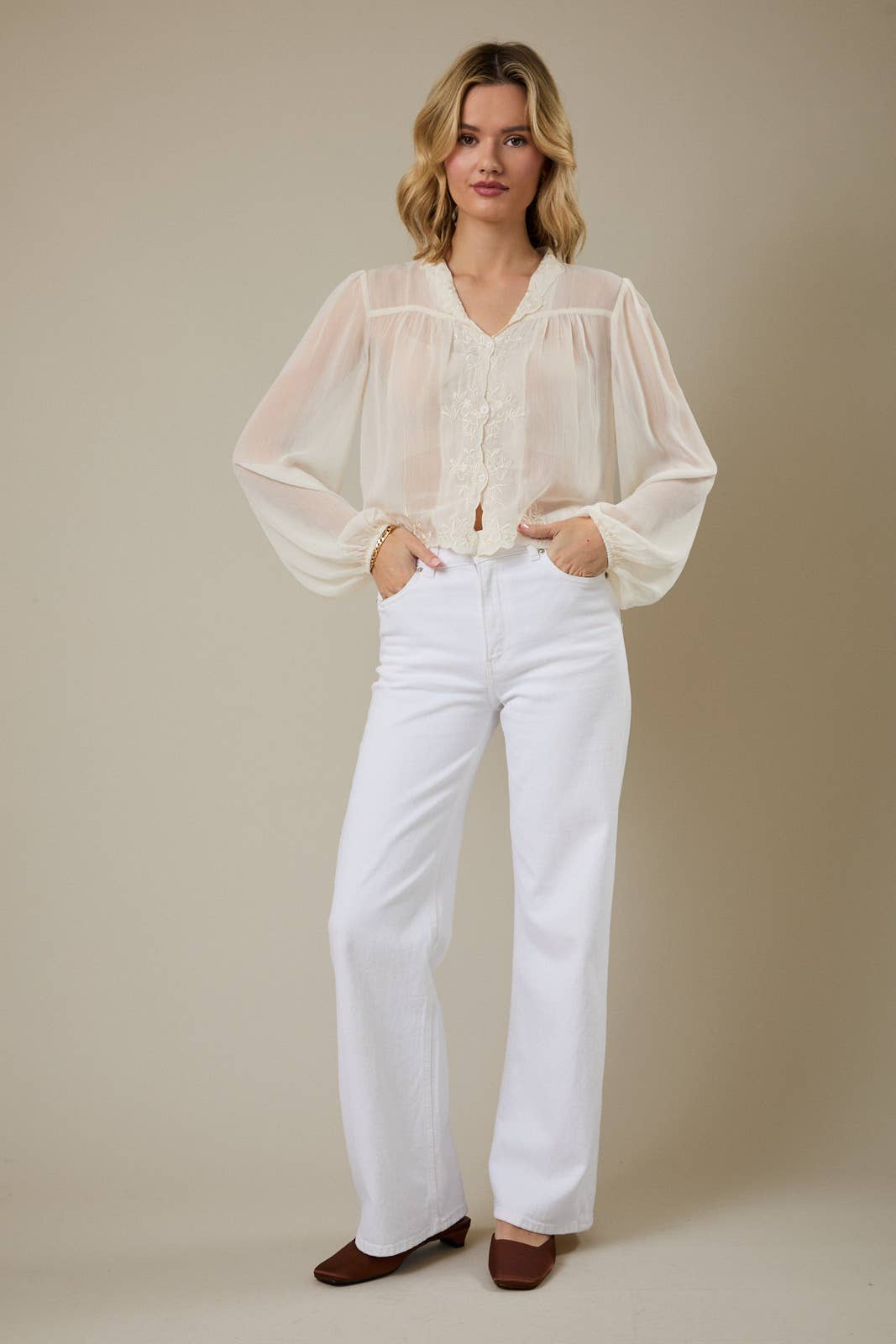 LONG SLEEVE EYELET YOKE CHIFFON BLOUSE